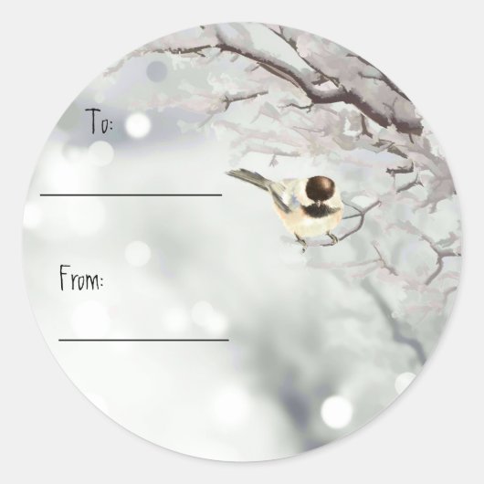 Kerst Schattige Chickadee Sneeuwbomen Ronde Sticker (Voorkant)