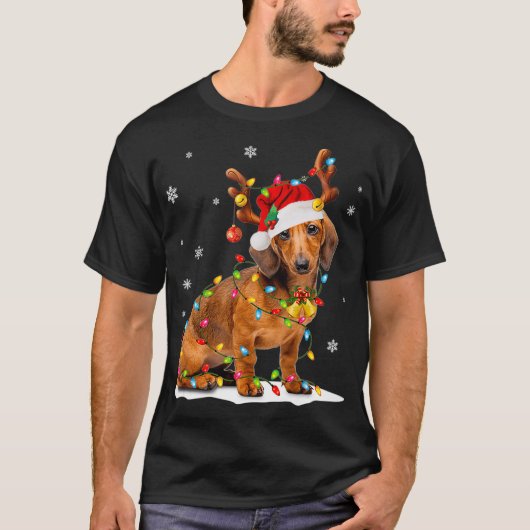 Kerst Schattige dashund met kerstverlichting T-shirt (Voorkant)
