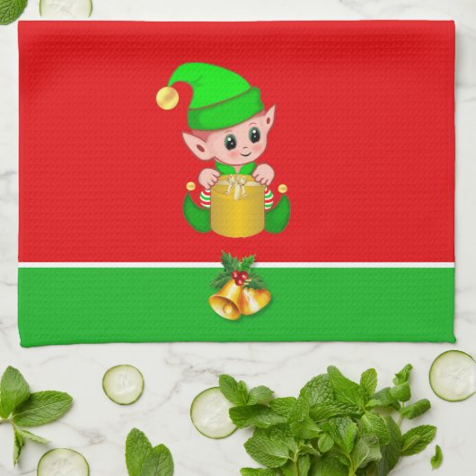 Kerst Schattige Elf op Groen en Rood Theedoek (Gevouwen)