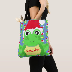 Kerst Schattige Frog Santa Hat Blue Novelty Tote Bag