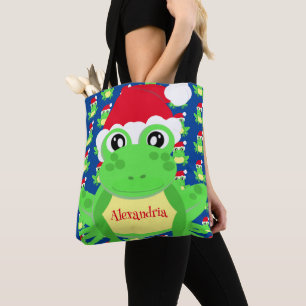 Kerst Schattige Frog Santa Hat Blue Novelty Tote Bag