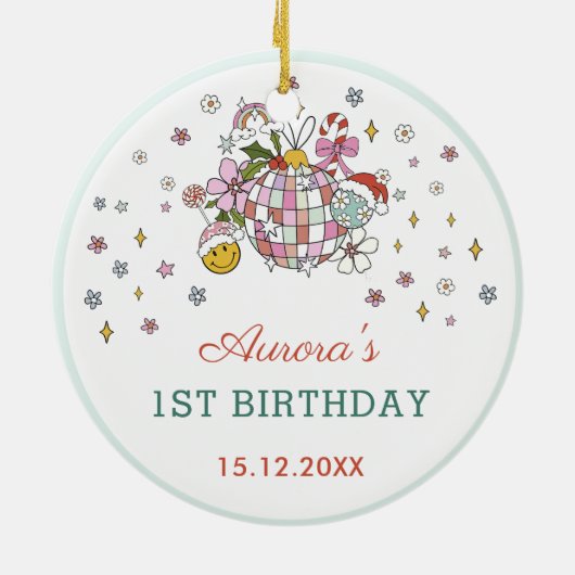 Kerst Schattige Groovy Ball Verjaardagsfeest Keramisch Ornament (Achterkant)