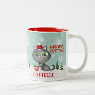 Kerst Schattige Hipster Grijs Cat Custom Tweekleurige Koffiemok