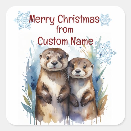 Kerst Schattige Otter Paar Dier Aanpassen Vierkante Sticker (Voorkant)
