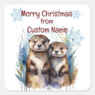 Kerst Schattige Otter Paar Dier Aanpassen Vierkante Sticker