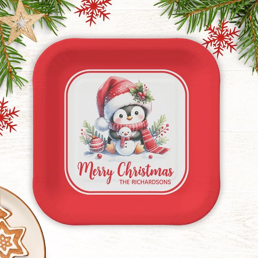 Kerst Schattige Pinguïn Rood Custom Vrolijk Kerstm Papieren Bordje