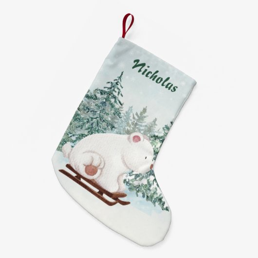 Kerst Schattige Polar Beer op Sleigh in Forest Sno Kleine Kerstsok (Voorkant (Hangend))