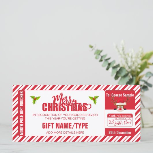 Kerst Schattige rendier ticket, cadeau Kaart / vou (Staand voorkant)