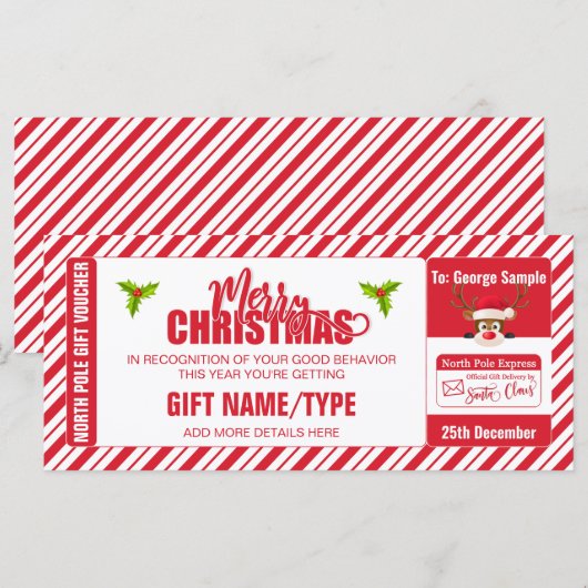 Kerst Schattige rendier ticket, cadeau Kaart / vou (Voorkant / Achterkant)