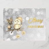 Kerst schattige uil met takken en ballen folie feestdagen briefkaart (Voorkant)