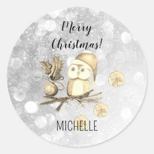 Kerst schattige uil met takken en ballen ronde sticker (Voorkant)