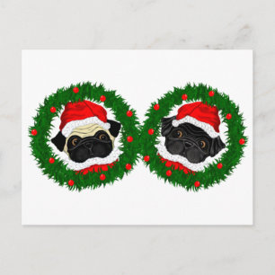 Kerst Schattige Zwart Pug en Fawn Pug Santa Feestdagenkaart