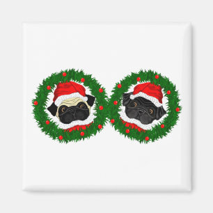 Kerst Schattige Zwart Pug en Fawn Pug Santa Magneet
