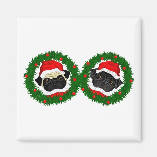 Kerst Schattige Zwart Pug en Fawn Pug Santa Magneet (Voorkant)