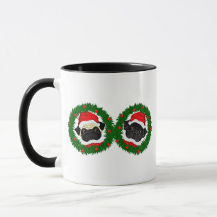Kerst Schattige Zwart Pug en Fawn Pug Santa Mok