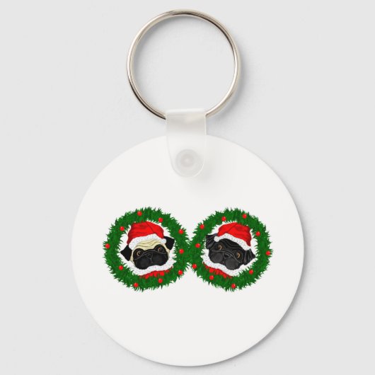 Kerst Schattige Zwart Pug en Fawn Pug Santa Sleutelhanger (Voorkant)