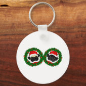Kerst Schattige Zwart Pug en Fawn Pug Santa Sleutelhanger (Voorkant)