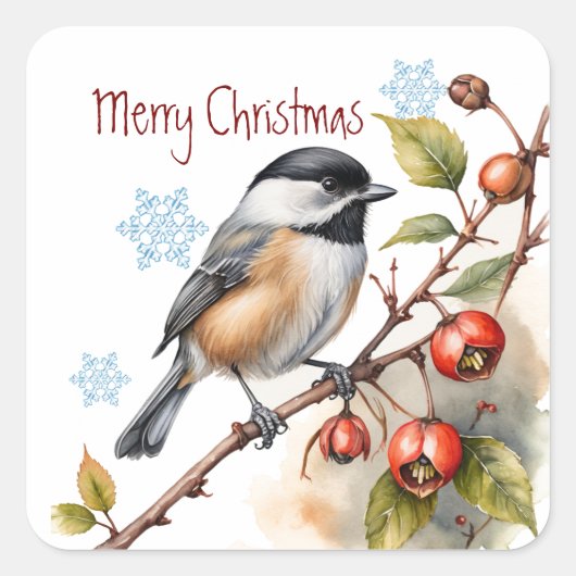 Kerst Schattigee Chickadee Bird Wildlife Natuur Ar Vierkante Sticker (Voorkant)
