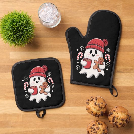 Kerst Schattigee Ghost Iced Coffee Retro Xmas Coff Ovenwant & Pannenlap Set (Top down)