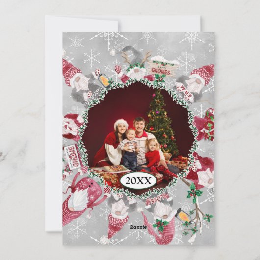 Kerst Schattigee Gnome Snowflake Grijs Rood Foto Feestdagenkaart (Achterkant)