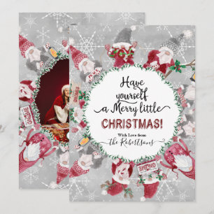 Kerst Schattigee Gnome Snowflake Grijs Rood Foto Feestdagenkaart