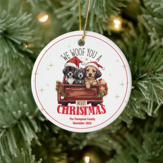 Kerst Schattigee Honden We Woof You Custom Familie Keramisch Ornament (Boom)