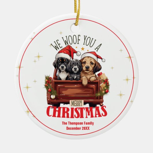 Kerst Schattigee Honden We Woof You Custom Familie Keramisch Ornament (Voorkant)