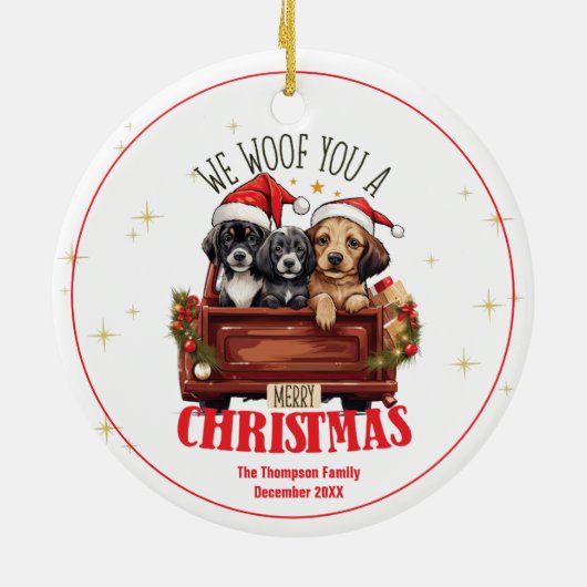Kerst Schattigee Honden We Woof You Custom Familie Keramisch Ornament (Achterkant)