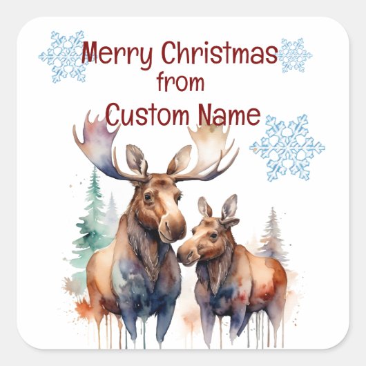 Kerst Schattigee Moose Paar Dier Aanpassen Vierkante Sticker (Voorkant)