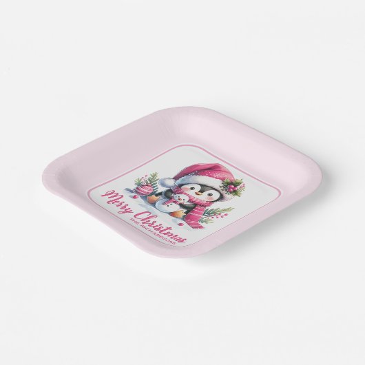 Kerst Schattigee Pinguïn Roze Custom Vrolijk Kerst Papieren Bordje (Gebogen)