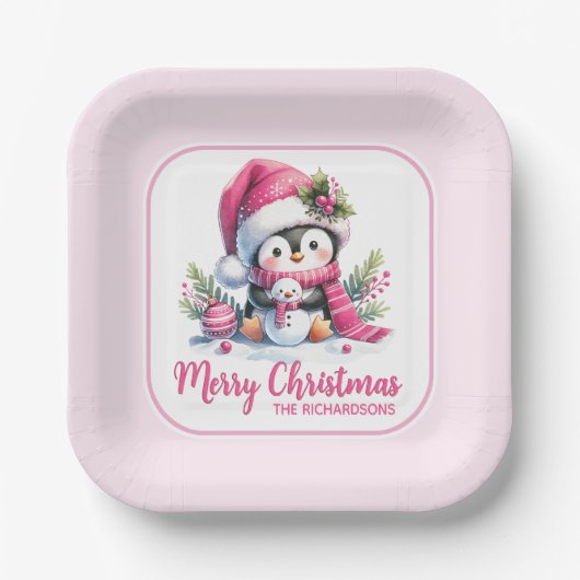 Kerst Schattigee Pinguïn Roze Custom Vrolijk Kerst Papieren Bordje (Voorkant)