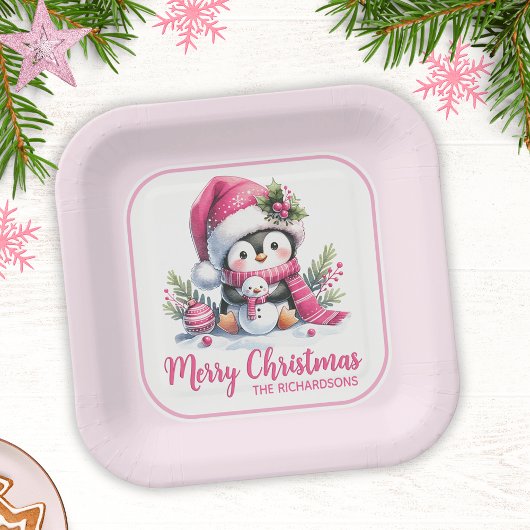 Kerst Schattigee Pinguïn Roze Custom Vrolijk Kerst Papieren Bordje