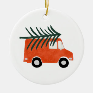 Kerst Schattigee rode pick-up met boom Keramisch Ornament