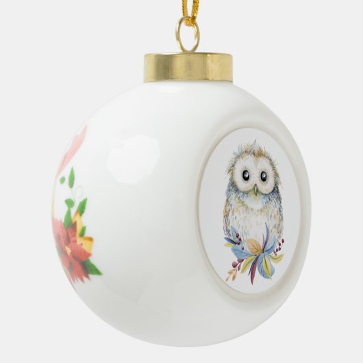 Kerst Schattigee Uil waterverf tekening Keramische Bal Ornament (Links)