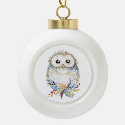 Kerst Schattigee Uil waterverf tekening Keramische Bal Ornament (Voorkant)
