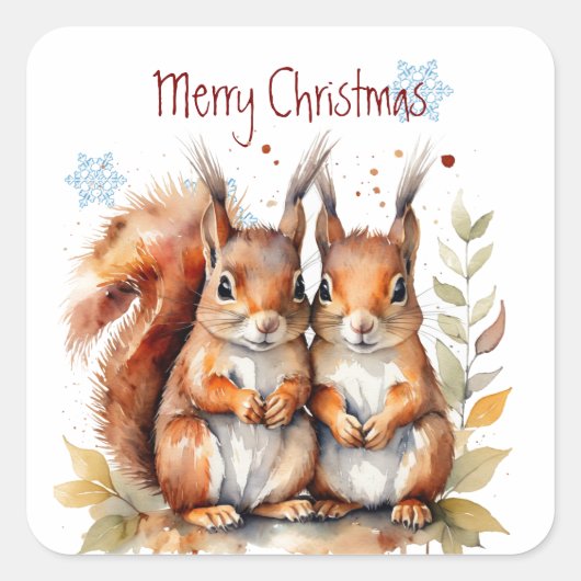 Kerst Schattigee Waterverf Eekhoorns Wildlife Vierkante Sticker (Voorkant)