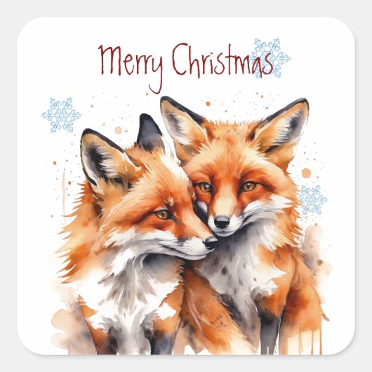 Kerst Schattigee Waterverf Fox Foxes Wildlife Vierkante Sticker (Voorkant)