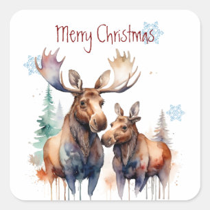 Kerst Schattigee Waterverf Moose Familiedieren Vierkante Sticker