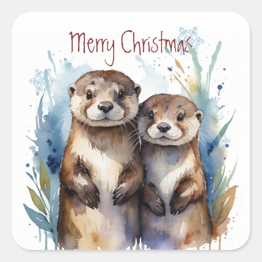 Kerst Schattigee Waterverf Otter Paar Dieren Vierkante Sticker (Voorkant)