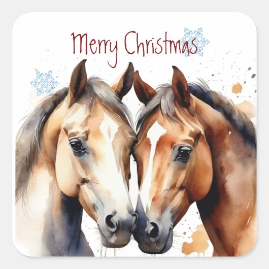 Kerst Schattigee Waterverf Paarden Vierkante Sticker (Voorkant)