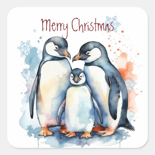 Kerst Schattigee Waterverf Penguin Familiedieren Vierkante Sticker (Voorkant)