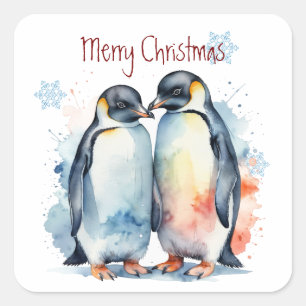 Kerst Schattigee Waterverf Pinguïn Paar Dieren Vierkante Sticker