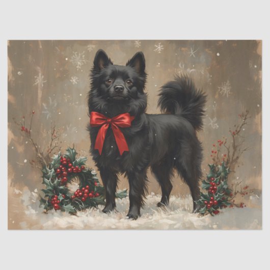 Kerst Schipperke Hond met een Rode Boog Decoupage Tissuepapier (Voorkant)