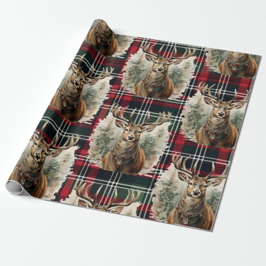 Kerst Schotse Tartan groen rood rendier Cadeaupapier (Uitgerold)