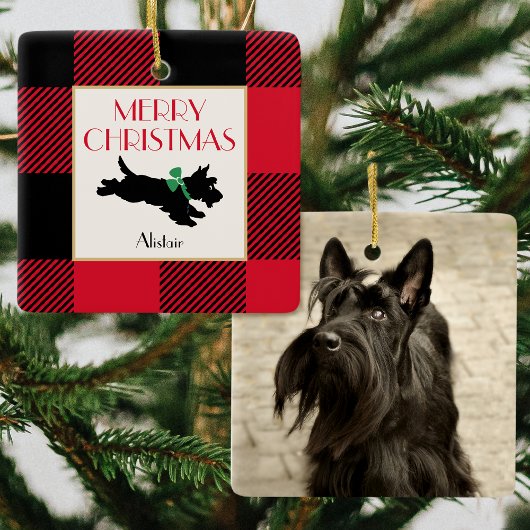 Kerst Scottie Hond Foto Buffel Plaid Rood Keramisch Ornament