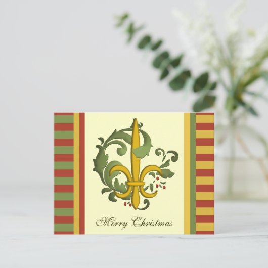 Kerst Scroll Fleur de lis Feestdagenkaart (Staand voorkant)