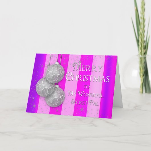 Kerst - Secret Pal -Silver Balls-Roze/Paarse Feestdagen Kaart (Voorkant)