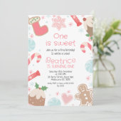 Kerst Seizoen Snoepjes 1e Verjaardag Uitnodiging (Staand voorkant)