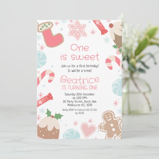 Kerst Seizoen Snoepjes 1e Verjaardag Uitnodiging (Staand voorkant)