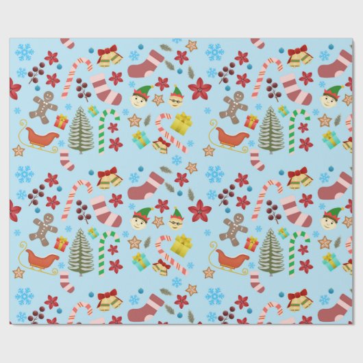 Kerst Seizoensgebonden Iconen Inpakpapier - Blauw (Vlak)